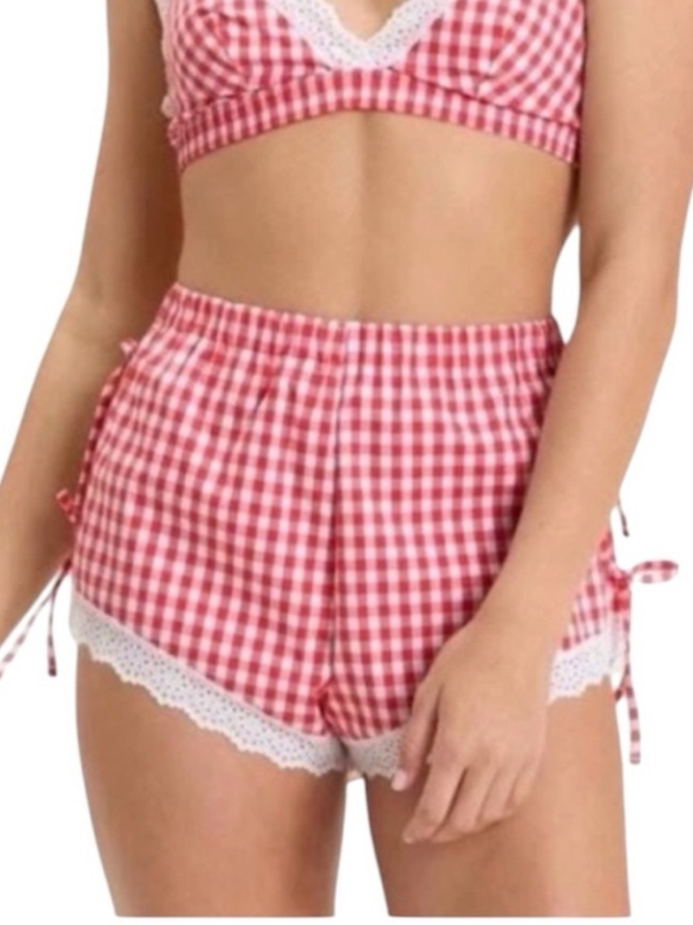 Women’s white Red Gingham PJ Shorts with Lace Trim